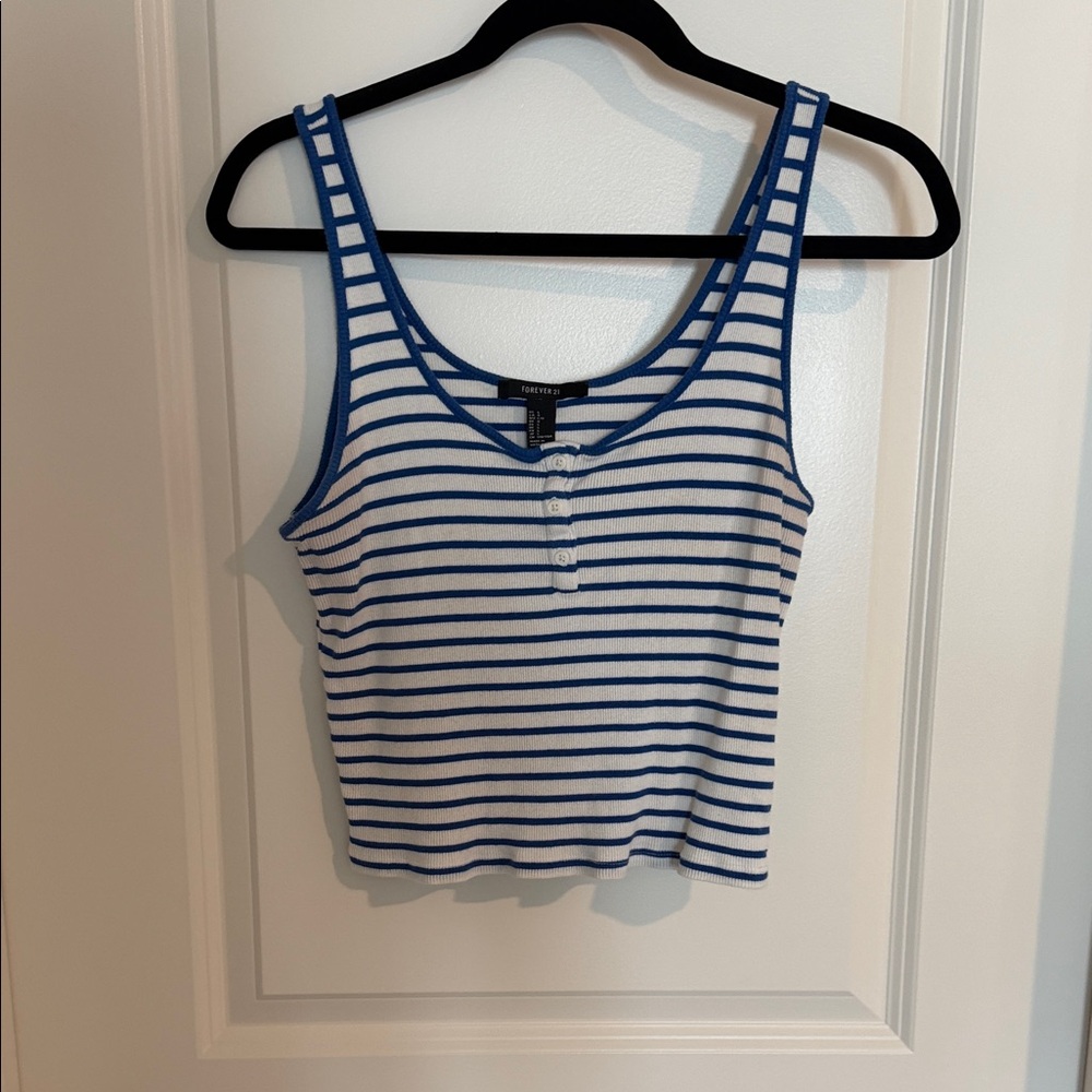 Forever 21 Blue and White Striped Ribbed Cropped Tank